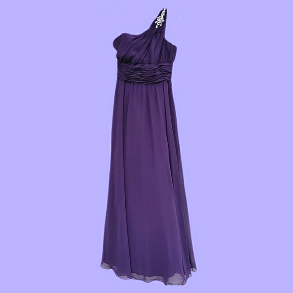 MoriLee Madeline Gardner Jeweled One Shoulder Purple Empire Waist Evening Gown 8 - Picture 16 of 16